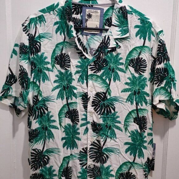 NWT Free Planet Casual Short Sleeve Shirt - Green Black White - Palm Trees Print - Picture 4 of 16